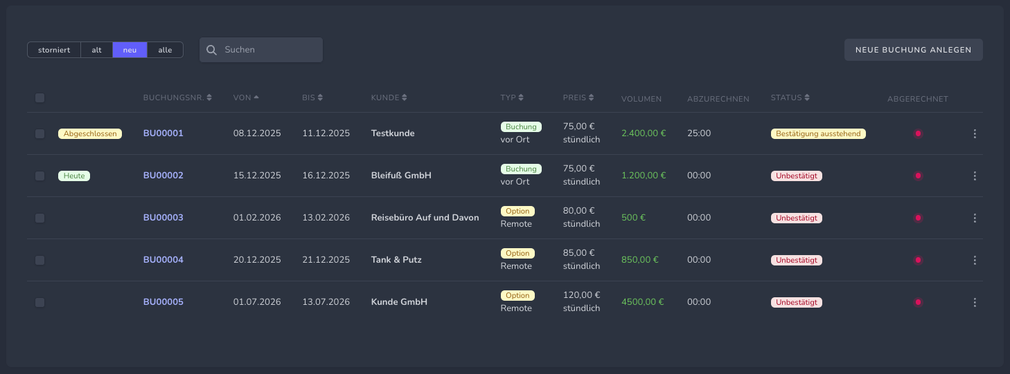 freece.de Kundenbuchungen Dark Mode - Freelancer Buchungsverwaltung Software