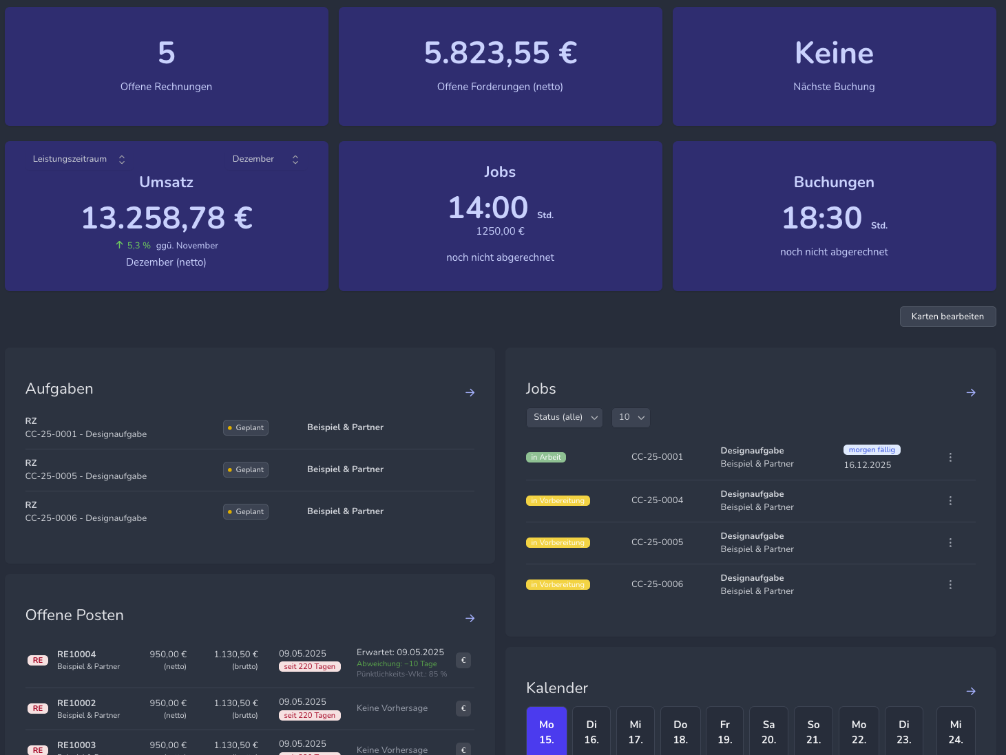 freece.de Dashboard Screenshot Dark Mode - All-in-One Freelancer Software für Projektmanagement und Rechnungsstellung