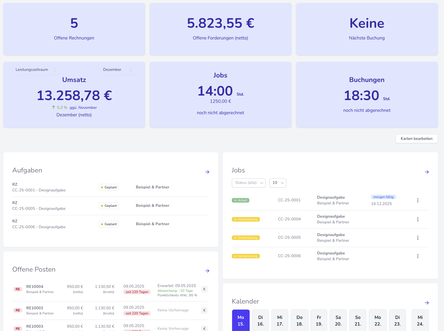 freece.de Dashboard Screenshot - Freelancer Software für Projektverwaltung, Zeiterfassung und Rechnungen